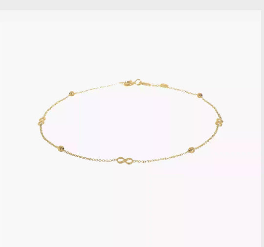 Tobillera de Oro de 14K con Infinito Pulido de 9 Pulgadas + Extensión de 1 Pulgada