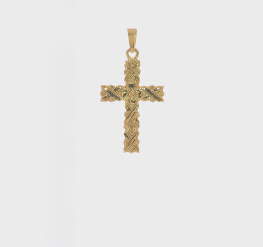 Solid 14K Yellow Gold Floral Cross Pendant with a Textured and Polished Finish