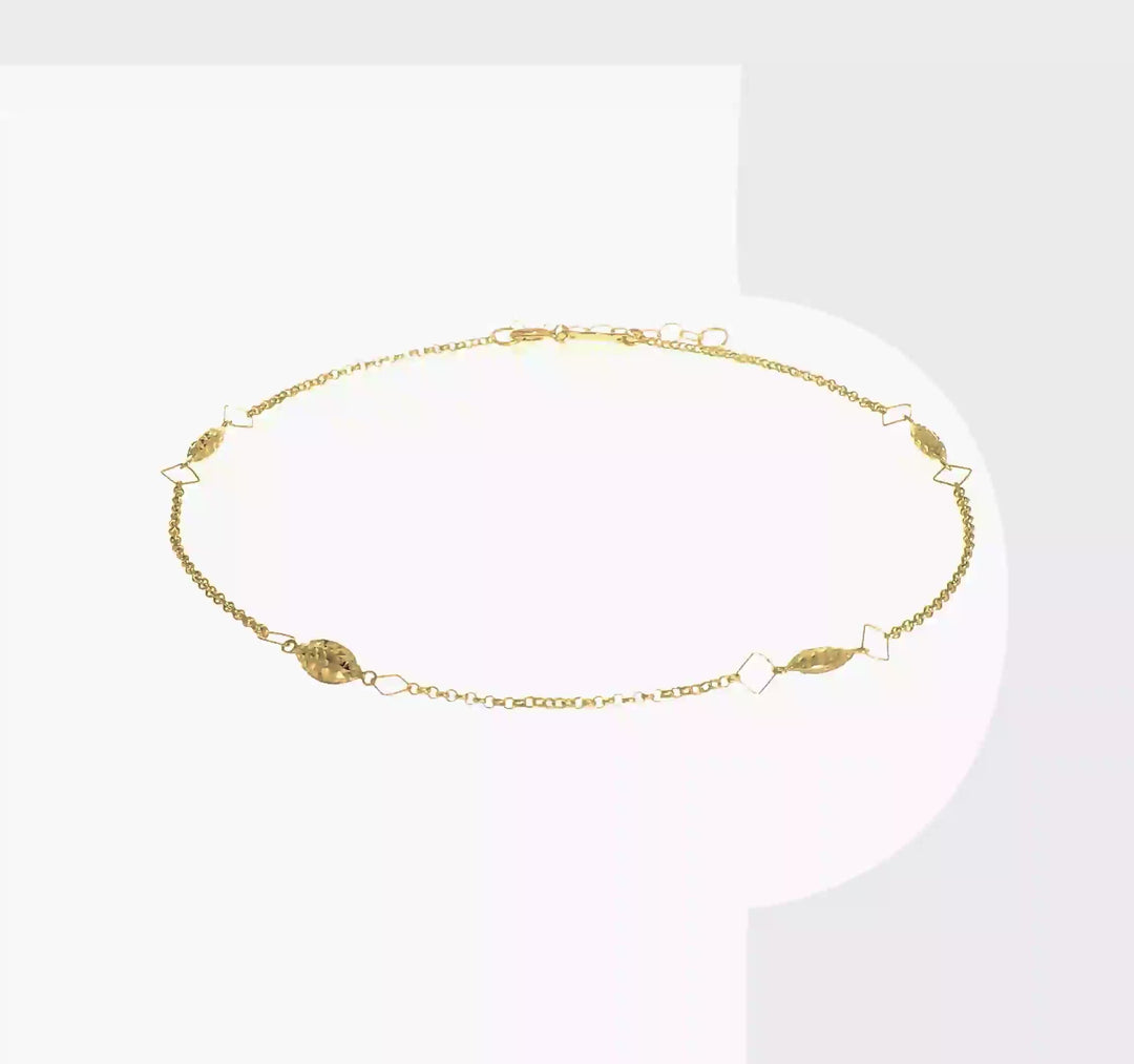 Tobillera de 14K Oro Amarillo con Cadena Circular y Perlas Puff en Corte Diamante, 9 Pulgadas más Extensión de 1 Pulgada