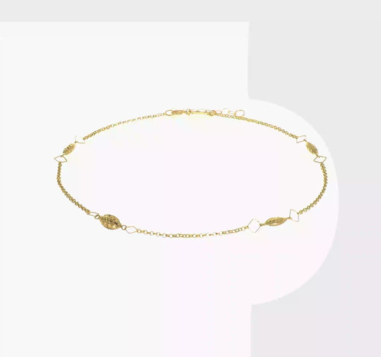 Tobillera de 14K Oro Amarillo con Cadena Circular y Perlas Puff en Corte Diamante, 9 Pulgadas más Extensión de 1 Pulgada