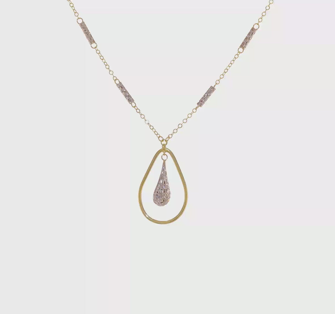 14K Polished Dual-Tone Teardrop Necklace with Diamond Finish