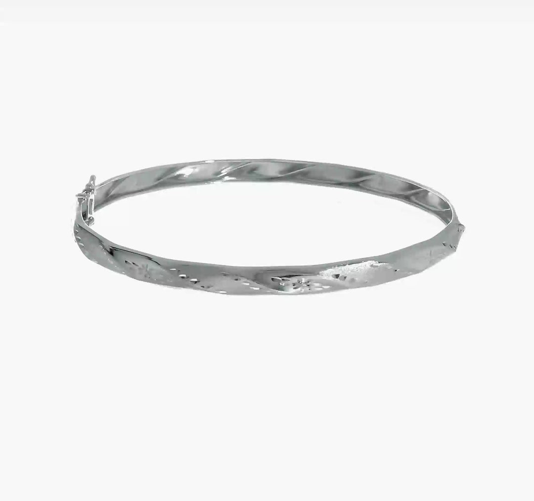 14k White Gold Flexible Bangle Bracelet with Satin Finish and Diamond Cut