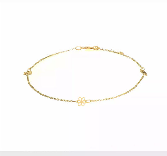 14K Yellow Gold Polished Flower Anklet with 1 Inch Extender