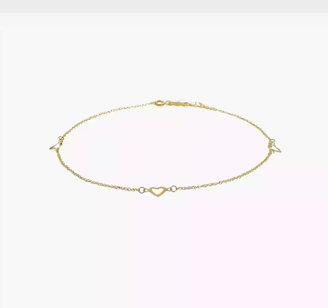Tobillera de Corazones Cortados en 14K con Extensor de 1 Pulgada