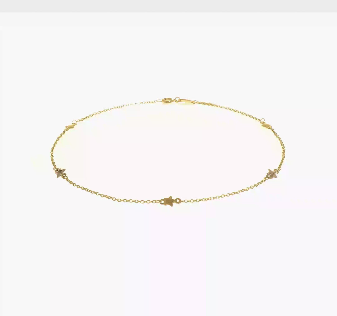 Tobillera de Oro de Dos Tonos 14K con Estrella Pulida de 10 Pulgadas + 1 Pulgada de Extensor