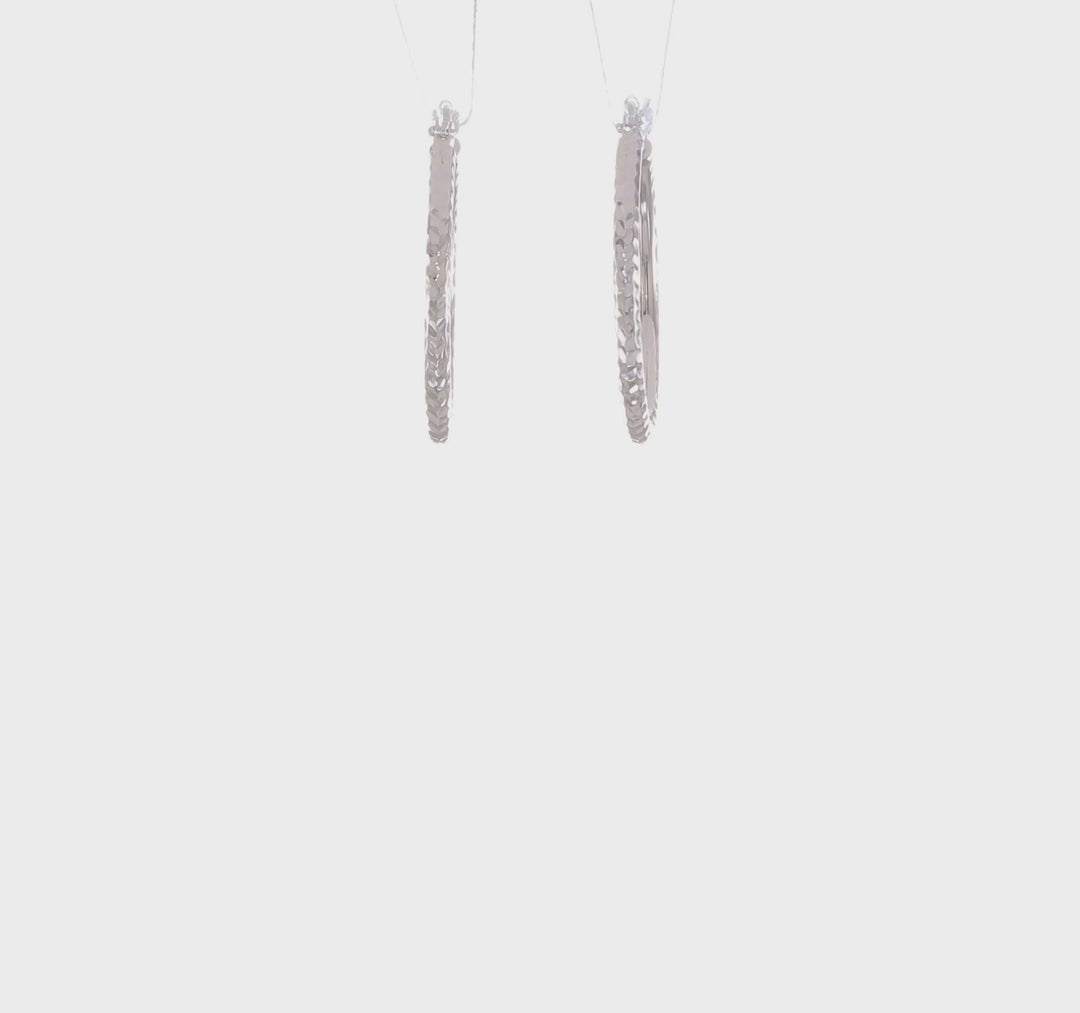 14k White Gold Round Diamond Cut Hoops (3mm x 20mm)