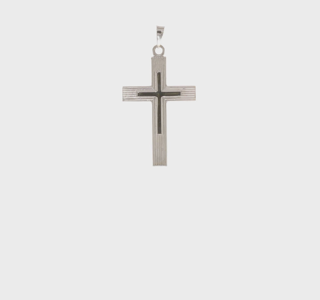 14k White Gold Polished Solid Stripe Double Cross Pendant