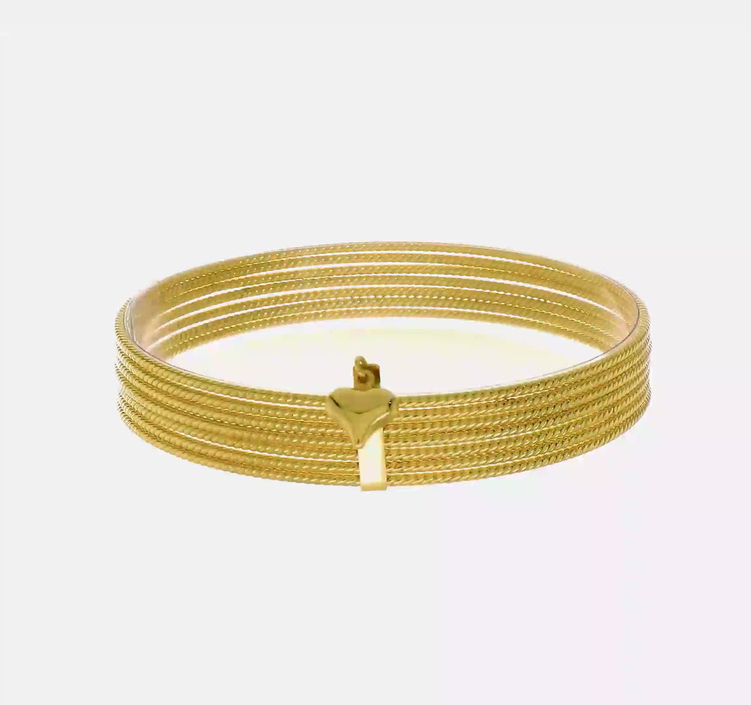 Set of 7 14k Textured Bangle Bracelets with Dangling Heart